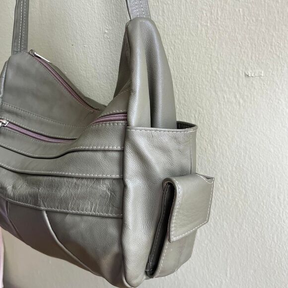 Genuine Leather Shoulder Bag Women's Khaki and Green Purse - Picture 5 of 5